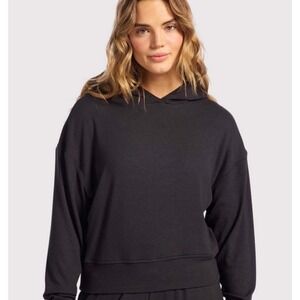 Nuuds Black Slinky Rib Knit Hoodie SZ M Soft Comfy Loungewear Travel